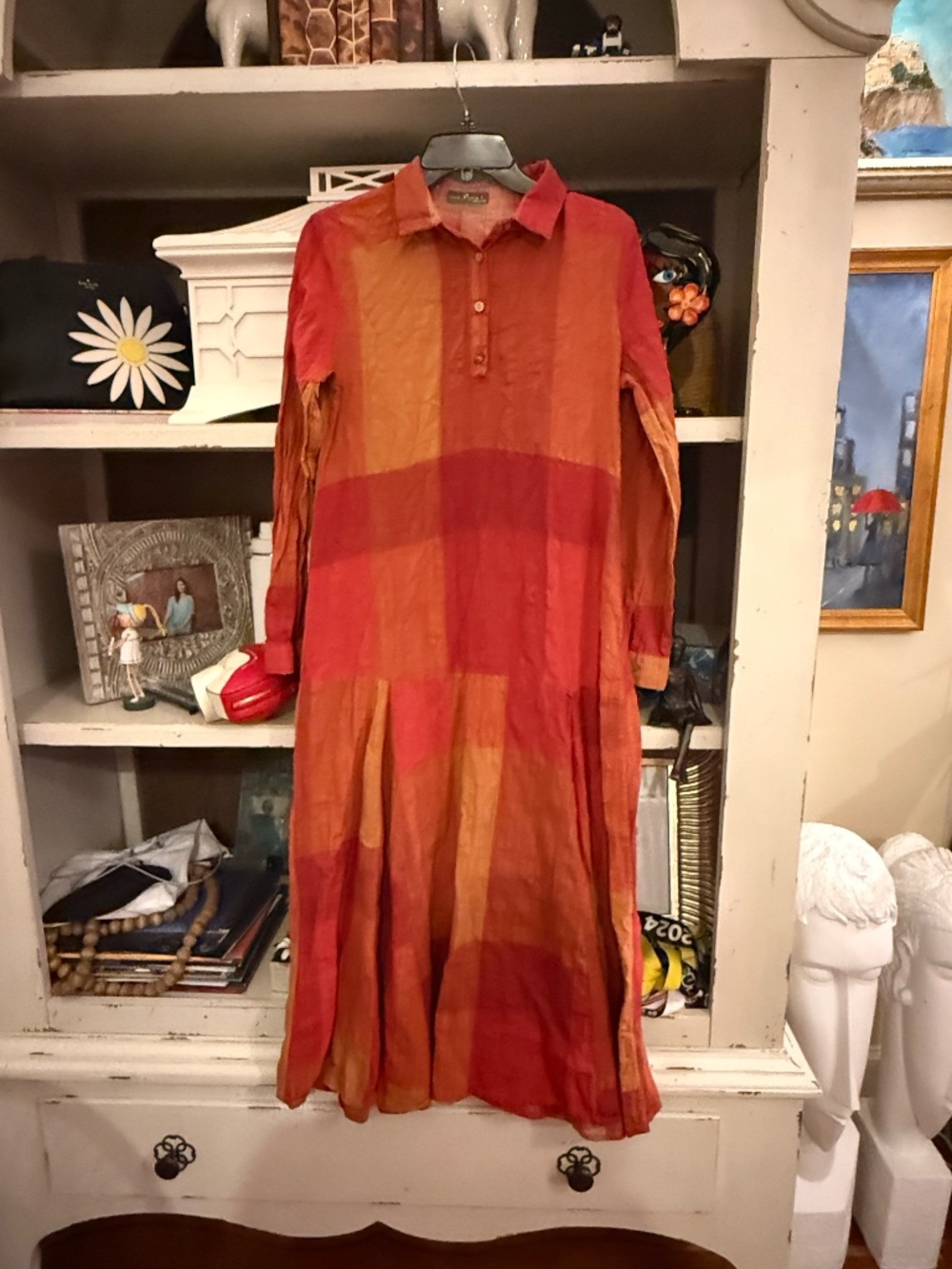 Emery Rose Large L long sleeve maxi dress patchwork orange red plaid - Picture 2 of 6